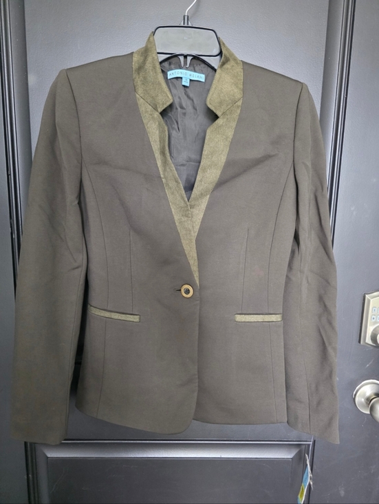 ANTONIO MELANI Jackets & Blazers - Antonio Melani Blazer Womens Size 0 Brown Olive Trim Tailored Jacket Career Chic